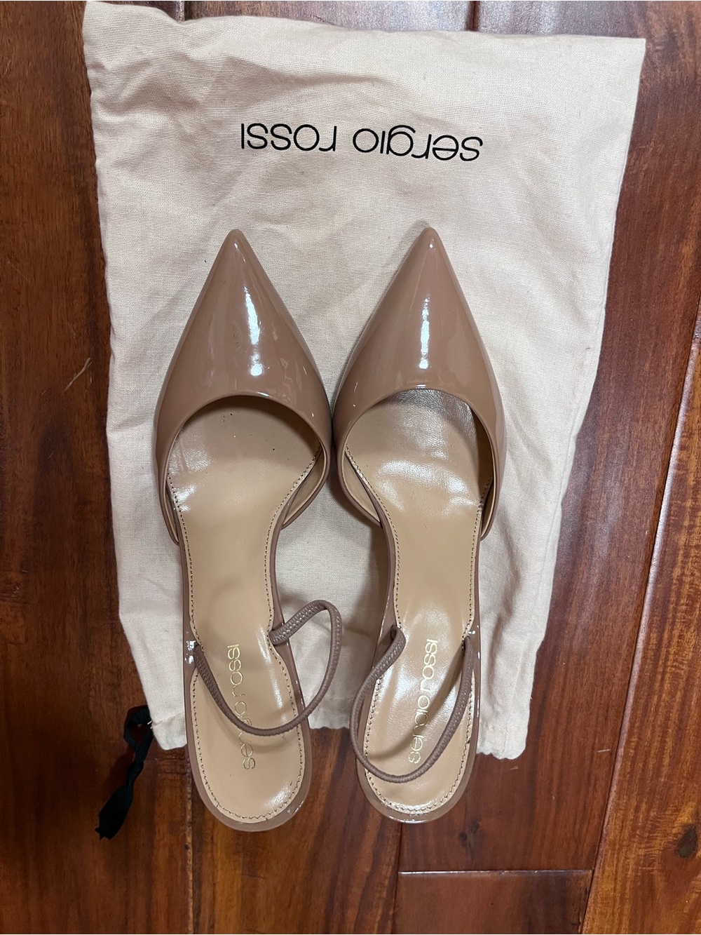 Sergio Rossi Patent Leather Pointed-Toe Slingbacks in Taupe
